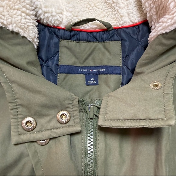 Tommy Hilfiger Womens Faux Fur Trim Hood Snap Button Parka Jacket Olive Large - Picture 2 of 12